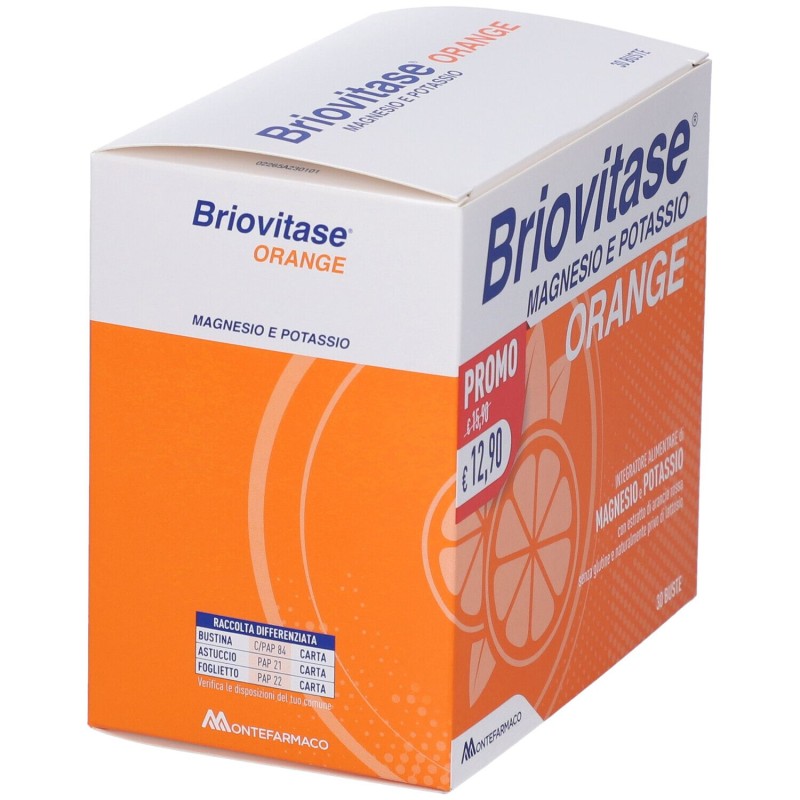 Presentazione grafica di Briovitase Orange Magnesio e Potassio Gusto Arancia 30 Bustine