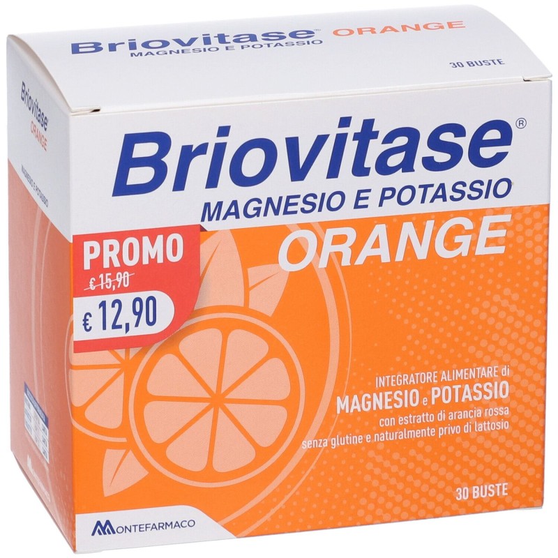 Scatola integra del prodotto Briovitase Orange Magnesio e Potassio Gusto Arancia 30 Bustine