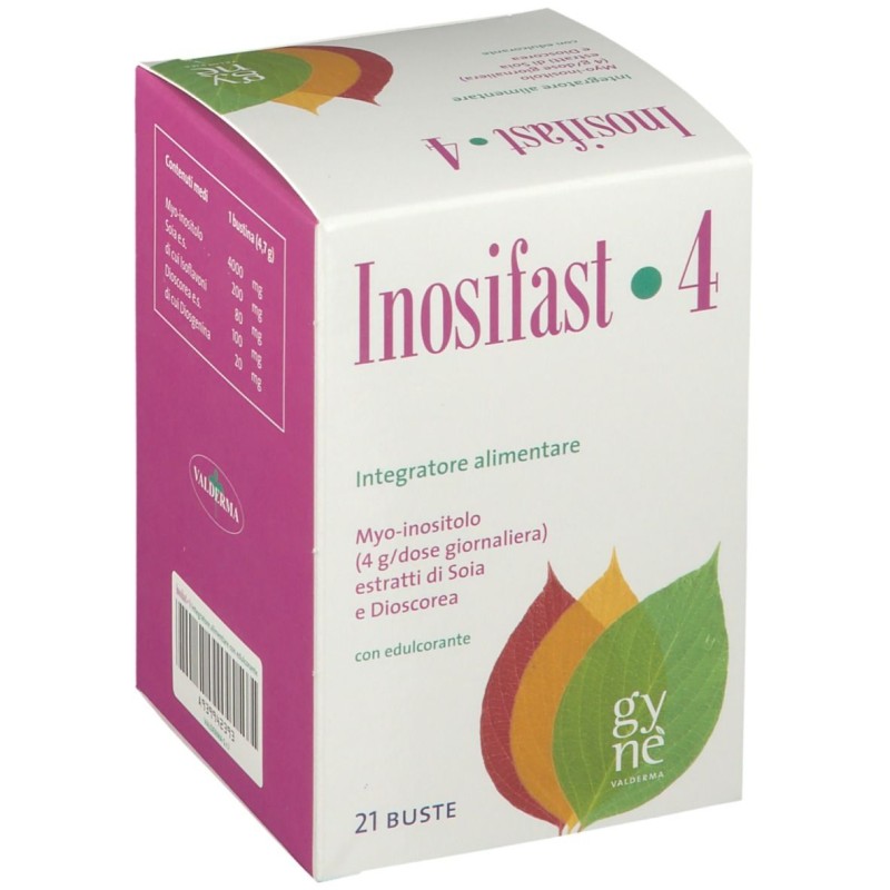 Dettaglio del packaging di Inosifast 4 Integratore per Il Ciclo Mestruale 21 Bustine