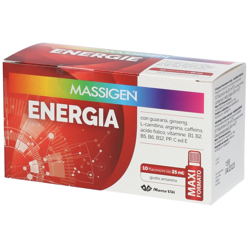Scatola originale del prodotto Massigen Energia Integratore Tonico Energetico 10 Flaconcini 25ml