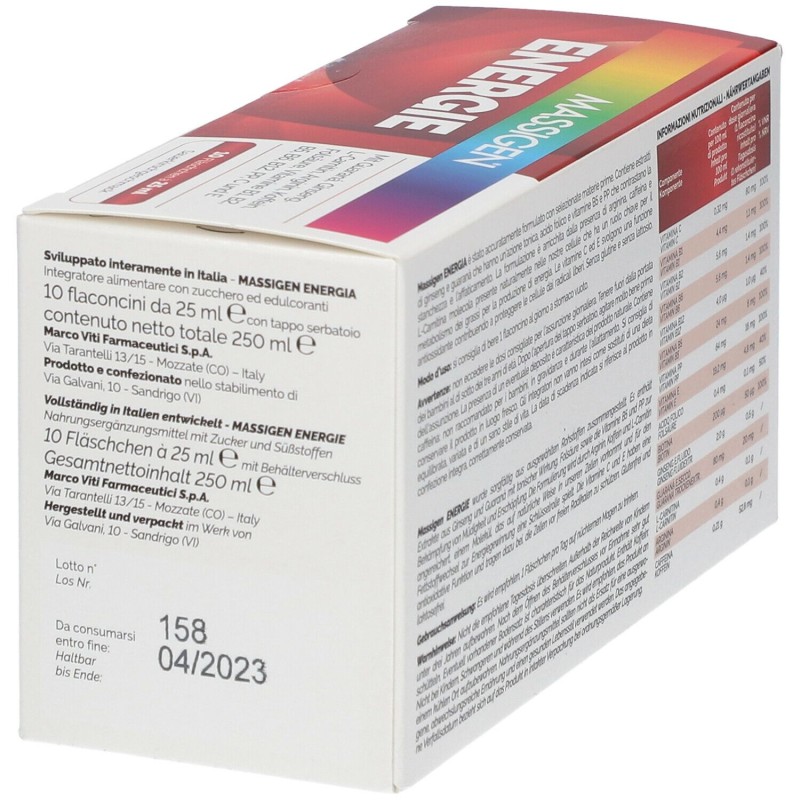 Confezione commerciale diMassigen Energia Integratore Tonico Energetico 10 Flaconcini 25ml