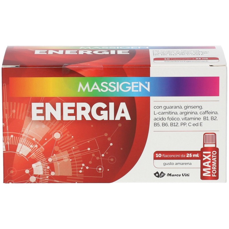 Foto illustrativa del packaging di Massigen Energia Integratore Tonico Energetico 10 Flaconcini 25ml