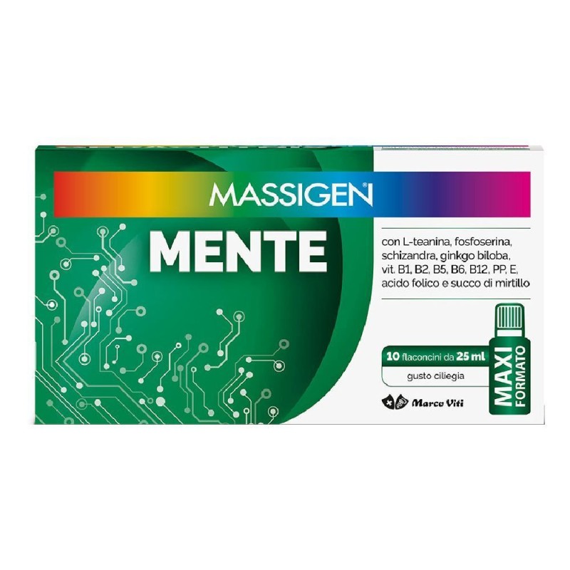 Dettaglio del packaging di Massigen Mente Integratore Tonico per Concentrazione 10 Flaconcini 25ml