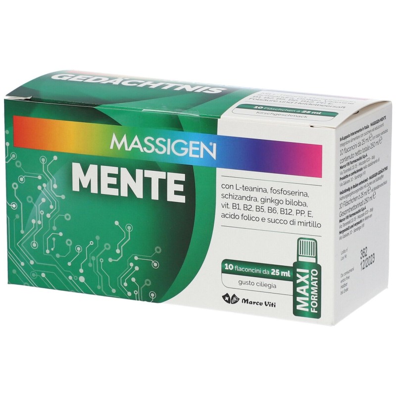 Primo piano di Massigen Mente Integratore Tonico per Concentrazione 10 Flaconcini 25ml
