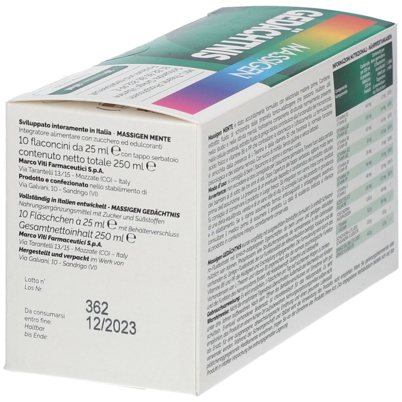 Confezione sigillata di Massigen Mente Integratore Tonico per Concentrazione 10 Flaconcini 25ml