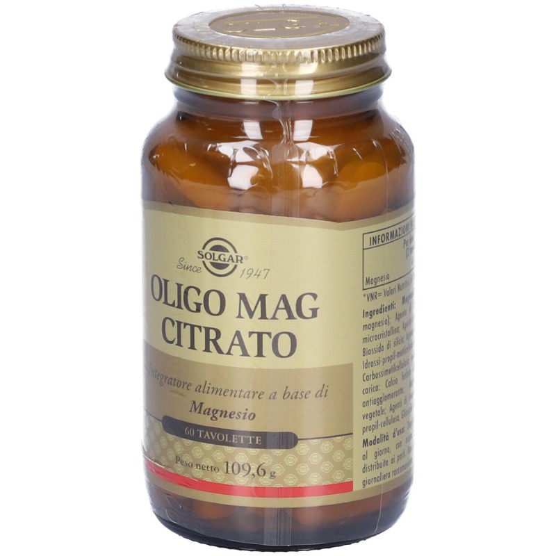 Foto illustrativa del packaging di Solgar Oligo Mag Citrato Integratore Magnesio 60 Tavolette