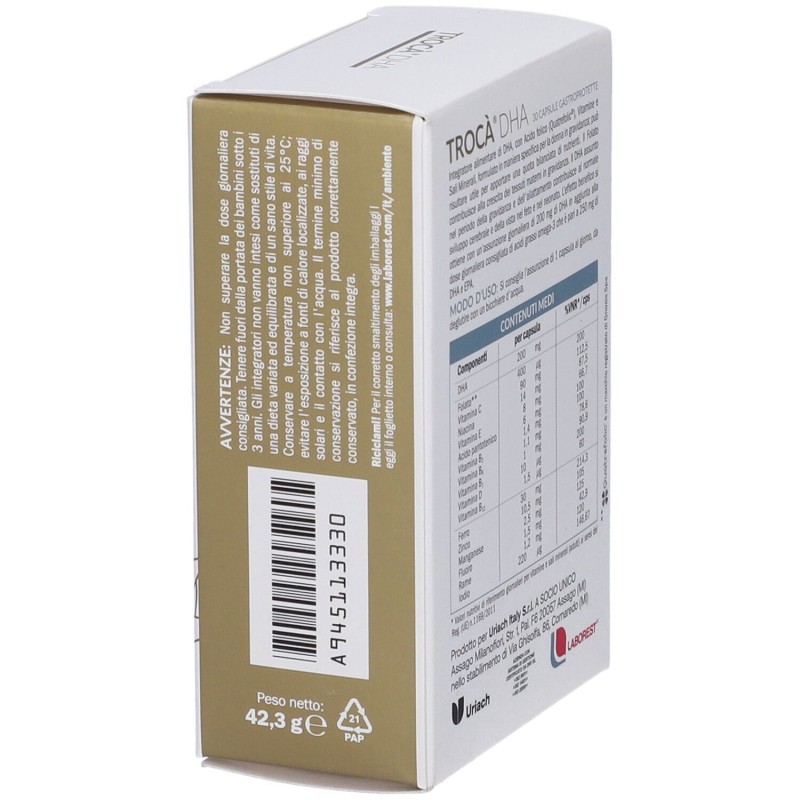 Foto illustrativa del packaging di Uriach Troca' DHA Integratore per Gravidanza 30 Capsule Foto illustrativa del packaging di Uriach Troca' DHA Integratore per Gravidanza 30 Capsule