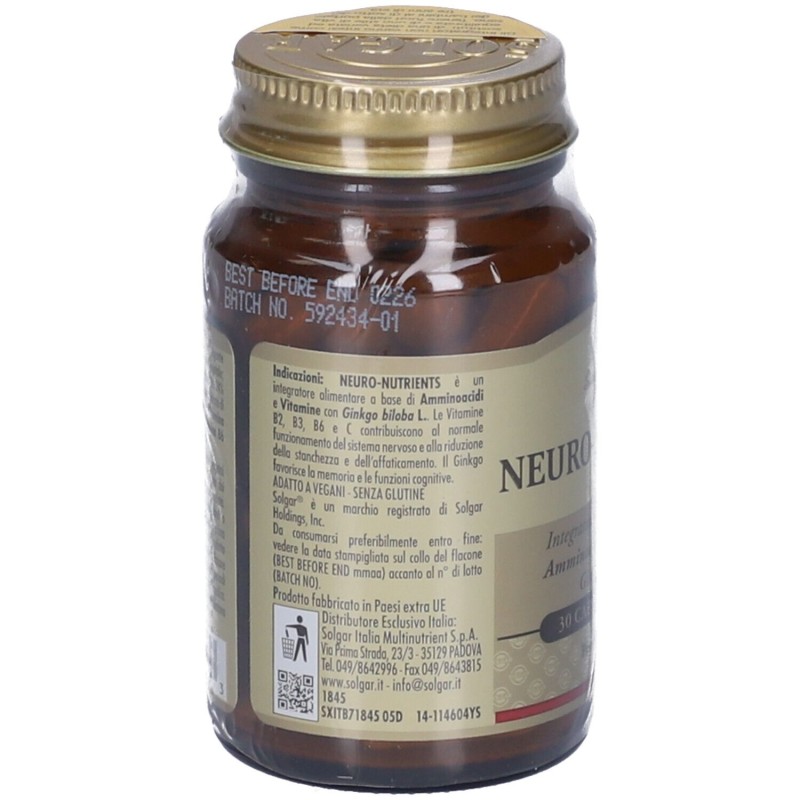 Confezione commerciale diSolgar Neuro Nutrients Integratore per Memoria, Stanchezza e Sistema Nervoso 30 Capsule