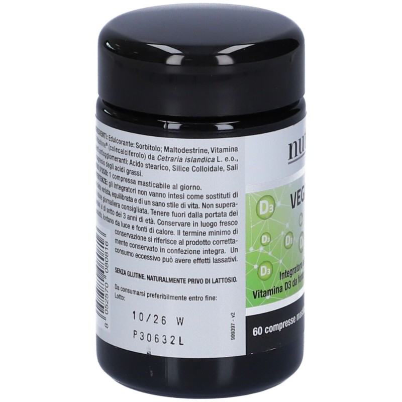 Packaging del prodotto Nutriva Vegan D3 2000 UI Integratore di Vitamina D 60 Compresse Masticabili