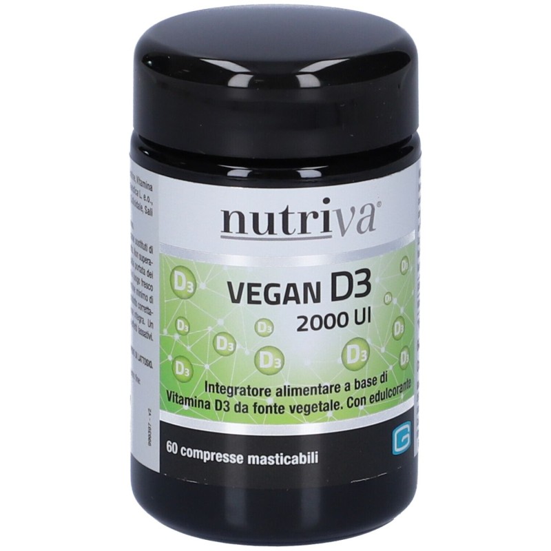 Scatola originale del prodotto Nutriva Vegan D3 2000 UI Integratore di Vitamina D 60 Compresse Masticabili