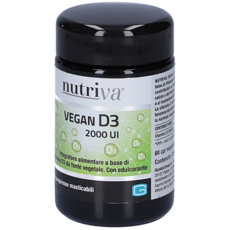 Packaging integro del prodotto Nutriva Vegan D3 2000 UI Integratore di Vitamina D 60 Compresse Masticabili