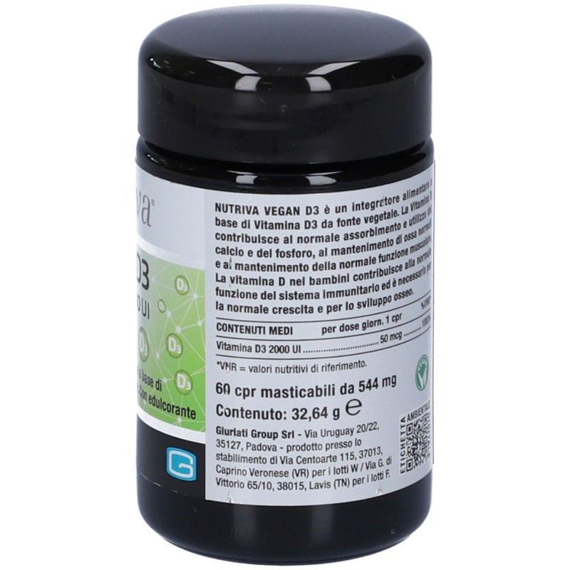 Foto ravvicinata di Nutriva Vegan D3 2000 UI Integratore di Vitamina D 60 Compresse Masticabili