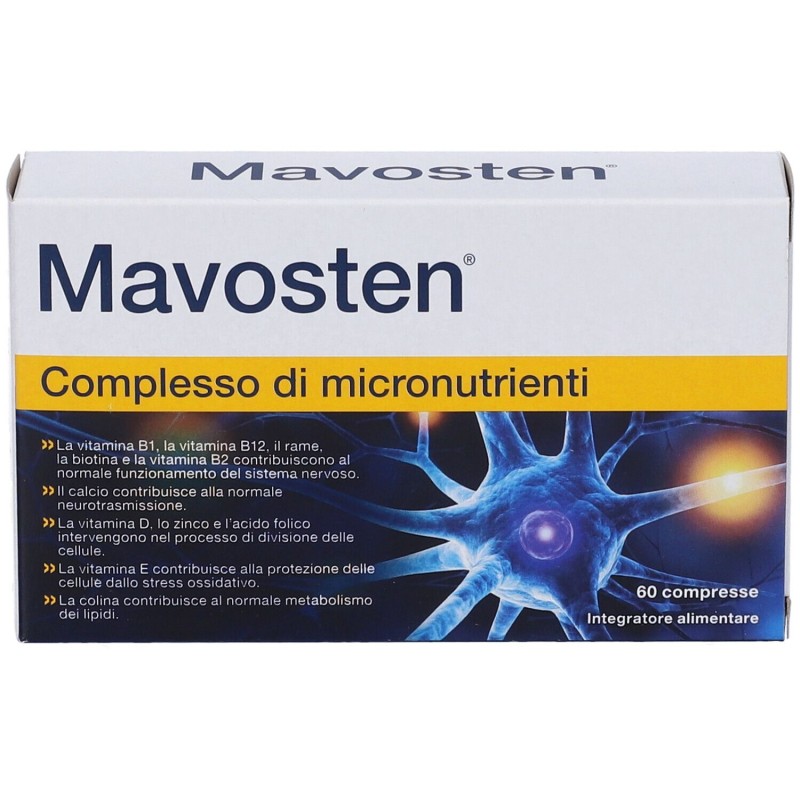 Foto illustrativa del packaging di Mavosten Integratore per Benessere dei Nervi 60 Compresse Foto illustrativa del packaging di Mavosten Integratore per Benessere dei Nervi 60 Compresse