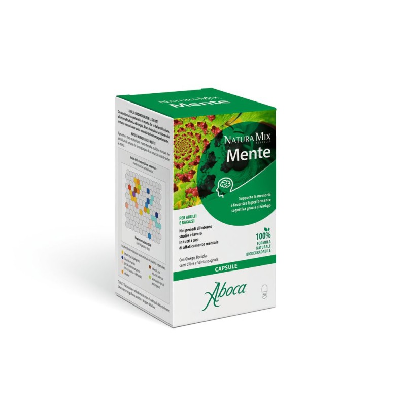 Dettaglio del packaging di Aboca Natura Mix Advanced Mente 50 Opercoli Dettaglio del packaging di Aboca Natura Mix Advanced Mente 50 Opercoli