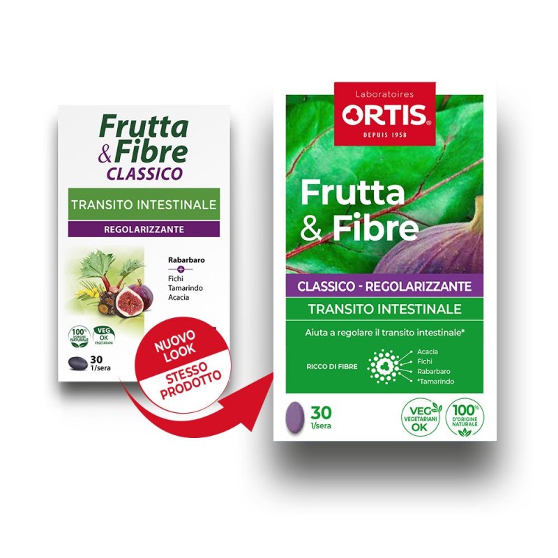 Presentazione grafica di Frutta e Fibre Classico Lassativo Naturale 30 Compresse Presentazione grafica di Frutta e Fibre Classico Lassativo Naturale 30 Compresse