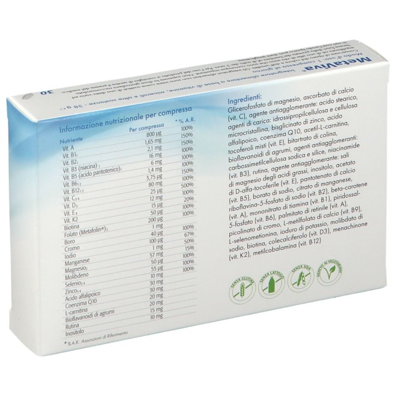 Foto illustrativa del packaging di Metagenics Metaviva Multi Integratore Energizzante 30 Compresse Foto illustrativa del packaging di Metagenics Metaviva Multi Integratore Energizzante 30 Compresse