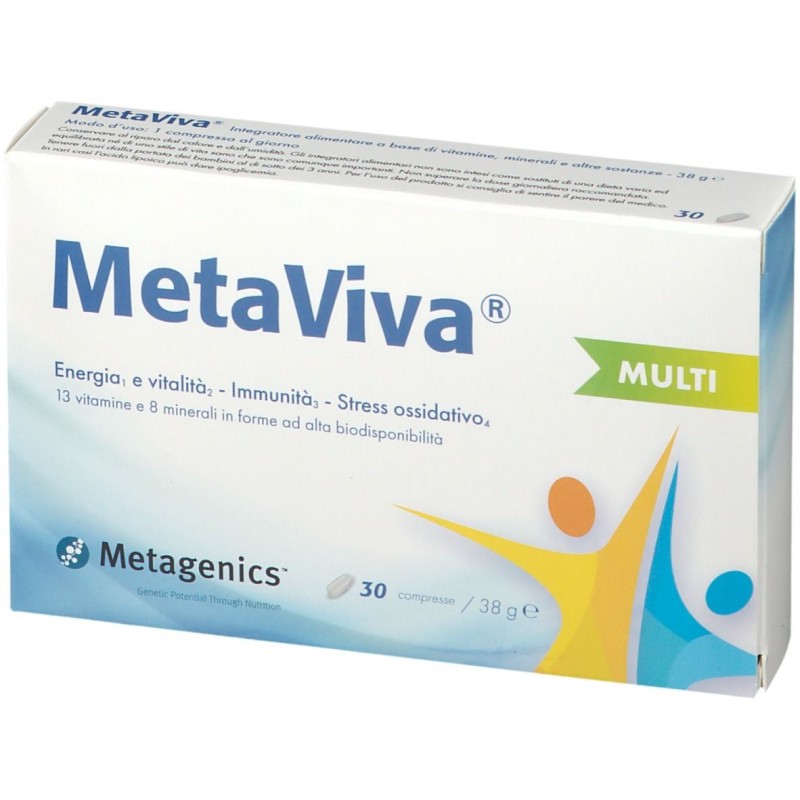 Dettaglio del packaging di Metagenics Metaviva Multi Integratore Energizzante 30 Compresse Dettaglio del packaging di Metagenics Metaviva Multi Integratore Energizzante 30 Compresse