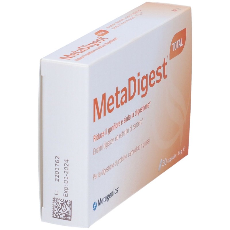 Primo piano di Metagenics Metadigest Total Integratore per la Digestione 30 Capsule Primo piano di Metagenics Metadigest Total Integratore per la Digestione 30 Capsule