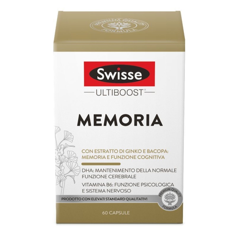 Foto illustrativa del packaging di Swisse Ultiboost Memoria Integratore per Memoria 60 Capsule + OMAGGIO