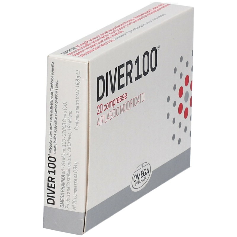 Dettaglio del packaging di Diver 100 Integratore per Funzionalità Digestiva 20 Compresse Dettaglio del packaging di Diver 100 Integratore per Funzionalità Digestiva 20 Compresse