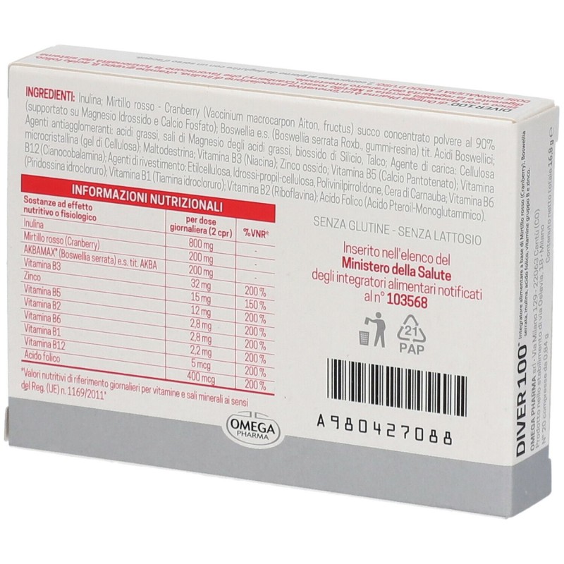 Primo piano di Diver 100 Integratore per Funzionalità Digestiva 20 Compresse Primo piano di Diver 100 Integratore per Funzionalità Digestiva 20 Compresse