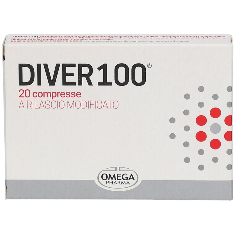 Presentazione grafica di Diver 100 Integratore per Funzionalità Digestiva 20 Compresse Presentazione grafica di Diver 100 Integratore per Funzionalità Digestiva 20 Compresse