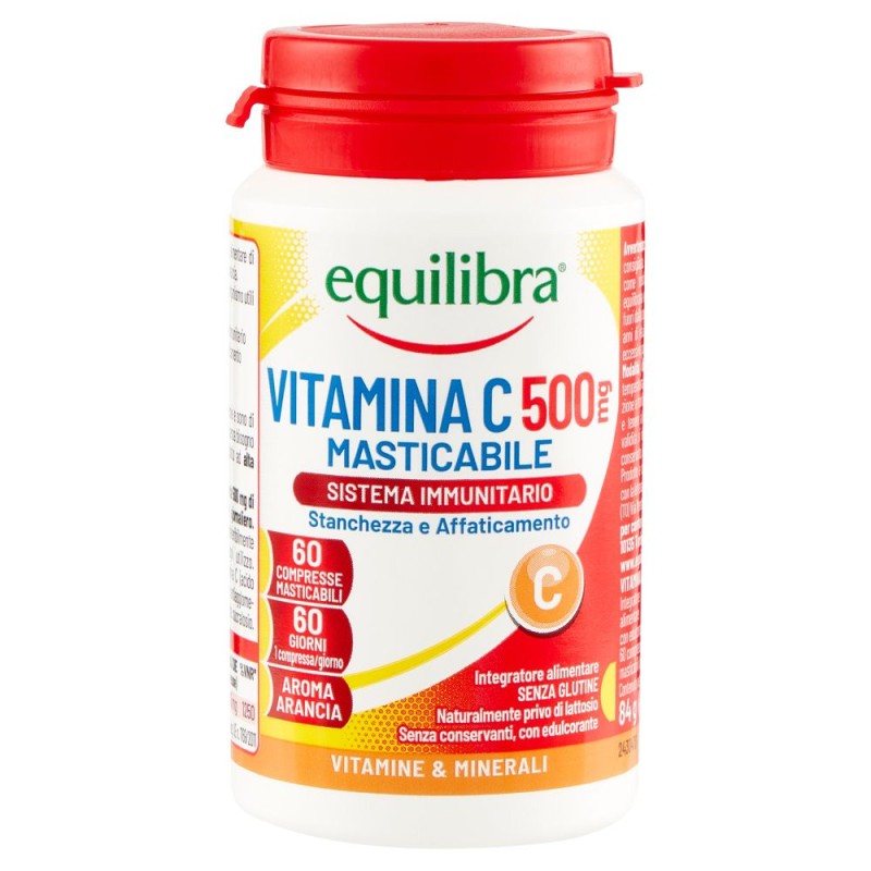 Presentazione grafica di Equilibra Vitamina C 500mg Integratore per il Sistema Immunitario 60 Compresse Masticabili Presentazione grafica di Equilibra Vitamina C 500mg Integratore per il Sistema Immunitario 60 Compresse Masticabili
