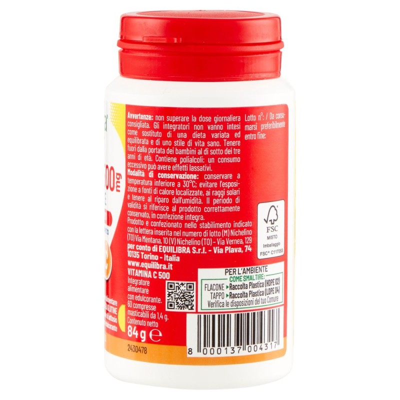 Aspetto del prodotto Equilibra Vitamina C 500mg Integratore per il Sistema Immunitario 60 Compresse Masticabili Aspetto del prodotto Equilibra Vitamina C 500mg Integratore per il Sistema Immunitario 60 Compresse Masticabili