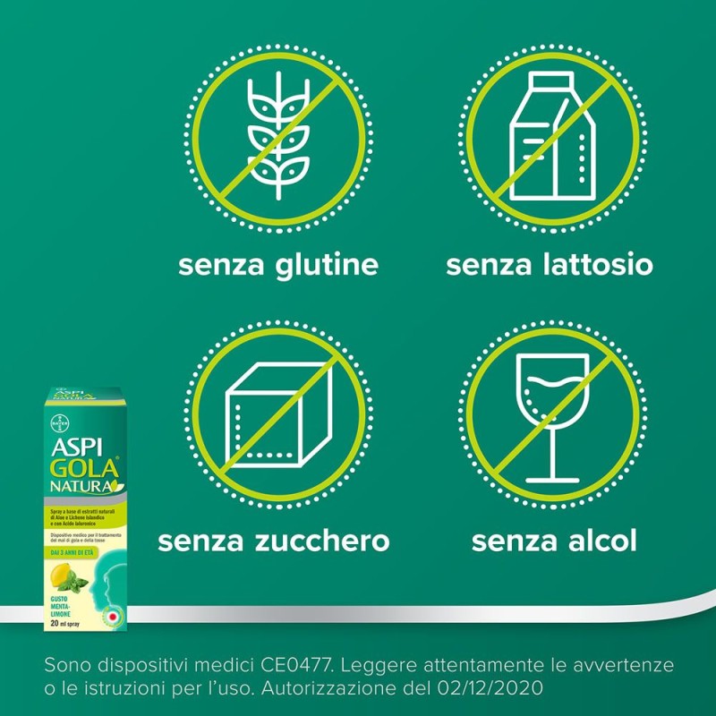 Confezione commerciale diAspi Gola Natura Spray per la Gola Gusto Menta e Limone 20ml