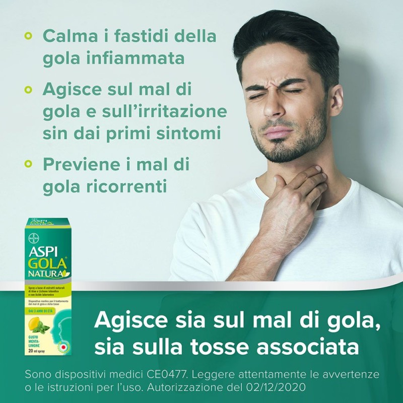 Foto illustrativa del packaging di Aspi Gola Natura Spray per la Gola Gusto Menta e Limone 20ml