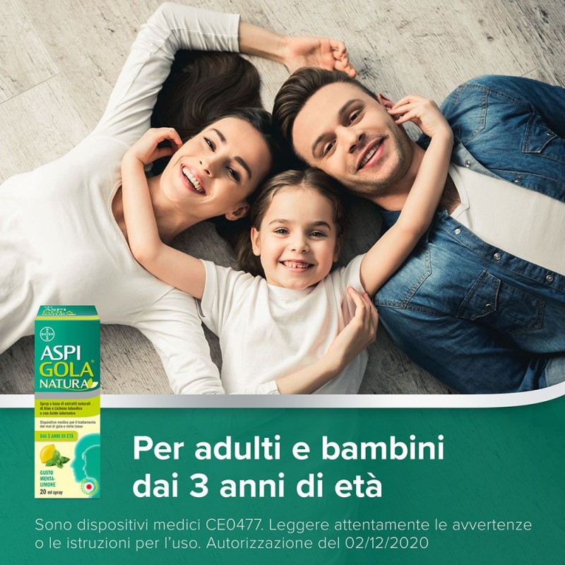 Dettaglio del packaging di Aspi Gola Natura Spray per la Gola Gusto Menta e Limone 20ml