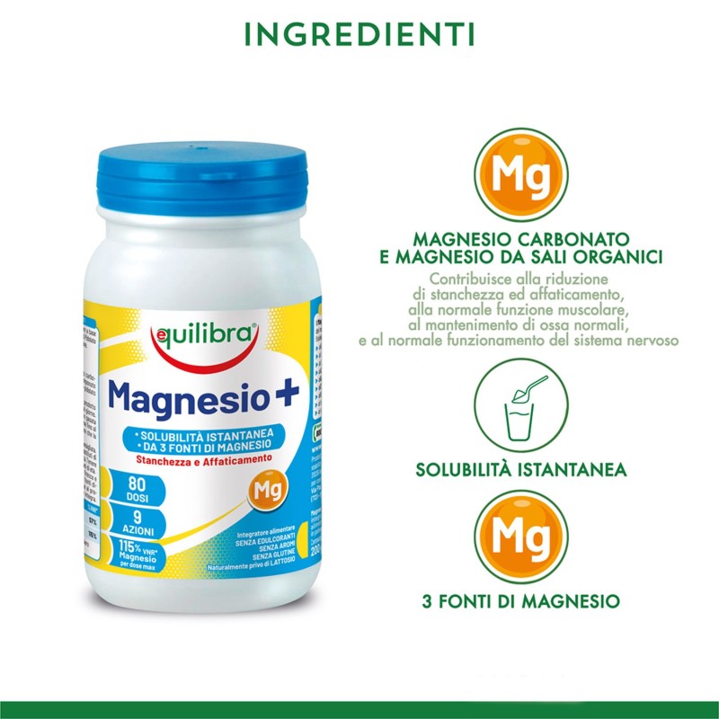 Primo piano di Equilibra Magnesio+ Integratore Ricostituente 200g Primo piano di Equilibra Magnesio+ Integratore Ricostituente 200g