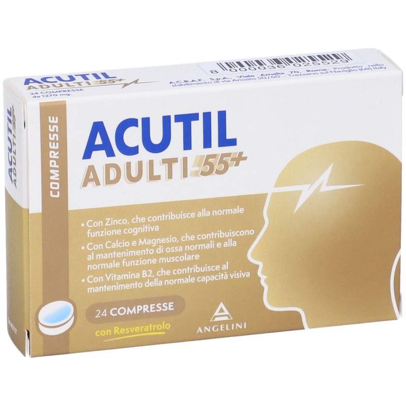 Confezione commerciale diAcutil Adulti 55+ Integratore per Forza Fisica e Mentale 24 Compresse Confezione commerciale diAcutil Adulti 55+ Integratore per Forza Fisica e Mentale 24 Compresse