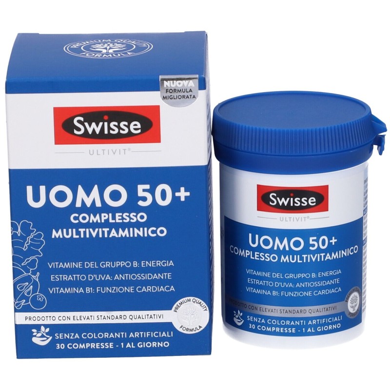 Dettaglio del packaging di Swisse Uomo 50+ Multivitaminico Integratore per Uomini dai 50 Anni 30 Compresse Dettaglio del packaging di Swisse Uomo 50+ Multivitaminico Integratore per Uomini dai 50 Anni 30 Compresse