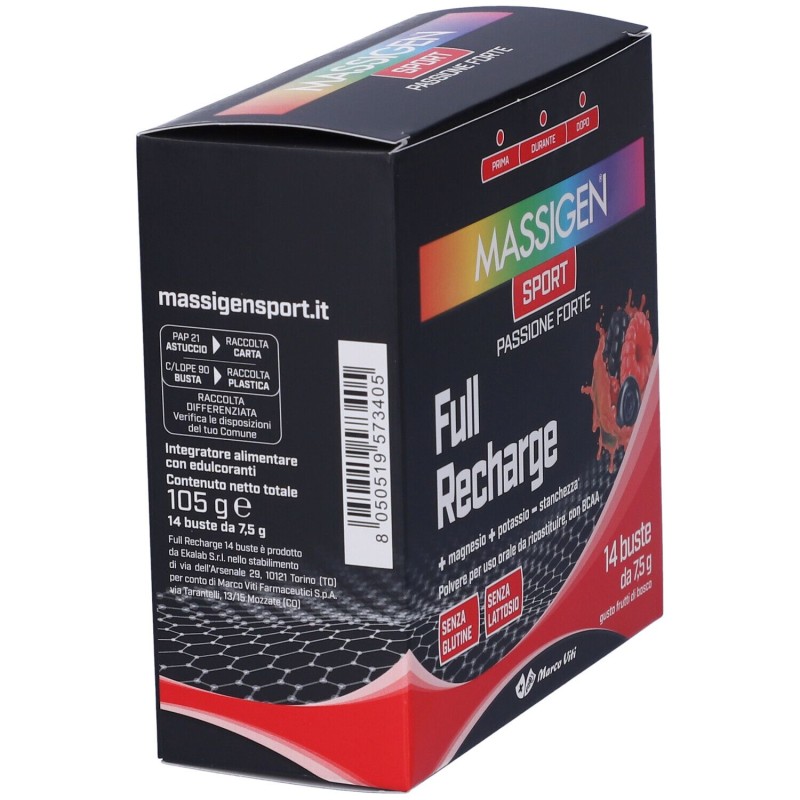 Dettaglio del packaging di Marco Viti Massigen Sport Full Recharge Integratore Energizzante 14 Bustine da 7,5g Dettaglio del packaging di Marco Viti Massigen Sport Full Recharge Integratore Energizzante 14 Bustine da 7,5g
