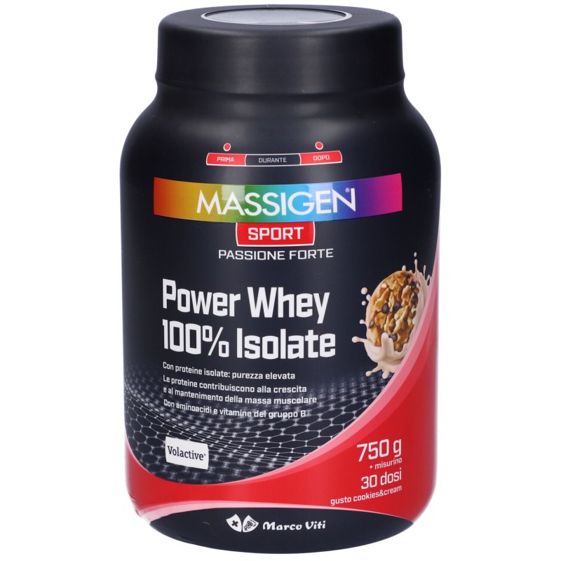 Confezione commerciale diMarco Viti Massigen Sport Power Whey Isolate Integratore di Proteine Gusto Cookies 750g Confezione commerciale diMarco Viti Massigen Sport Power Whey Isolate Integratore di Proteine Gusto Cookies 750g