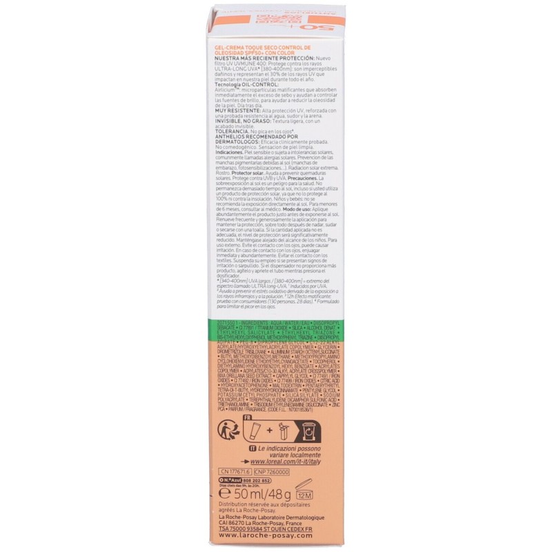 Dettaglio del packaging di La Roche Posay Anthelios Gel Crema Solare Colorata Tocco Secco Viso SPF50+ Pelle Grassa 50ml Dettaglio del packaging di La Roche Posay Anthelios Gel Crema Solare Colorata Tocco Secco Viso SPF50+ Pelle Grassa 50ml