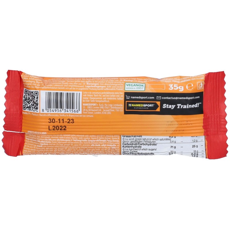 Packaging del prodotto Total Energy Fruit Bar per Sport di Endurance Barretta da 35 g. Packaging del prodotto Total Energy Fruit Bar per Sport di Endurance Barretta da 35 g.