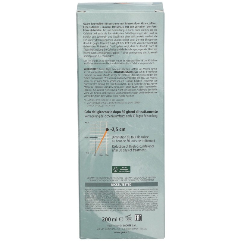 Scatola integra del prodotto Guam Tourmaline Crema Liporiducente FIR 200ml Trattamento Anticellulite Cosce e Glutei