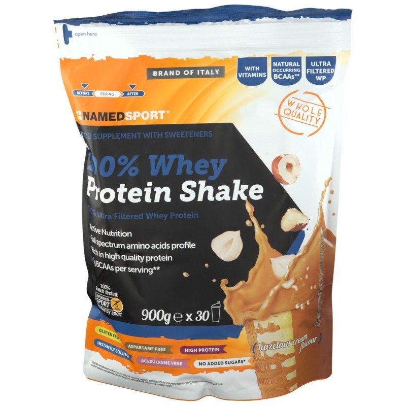 Packaging del prodotto 100% Whey Protein Shake Hazelnut Cream per Crescita Muscolare 900 g Packaging del prodotto 100% Whey Protein Shake Hazelnut Cream per Crescita Muscolare 900 g