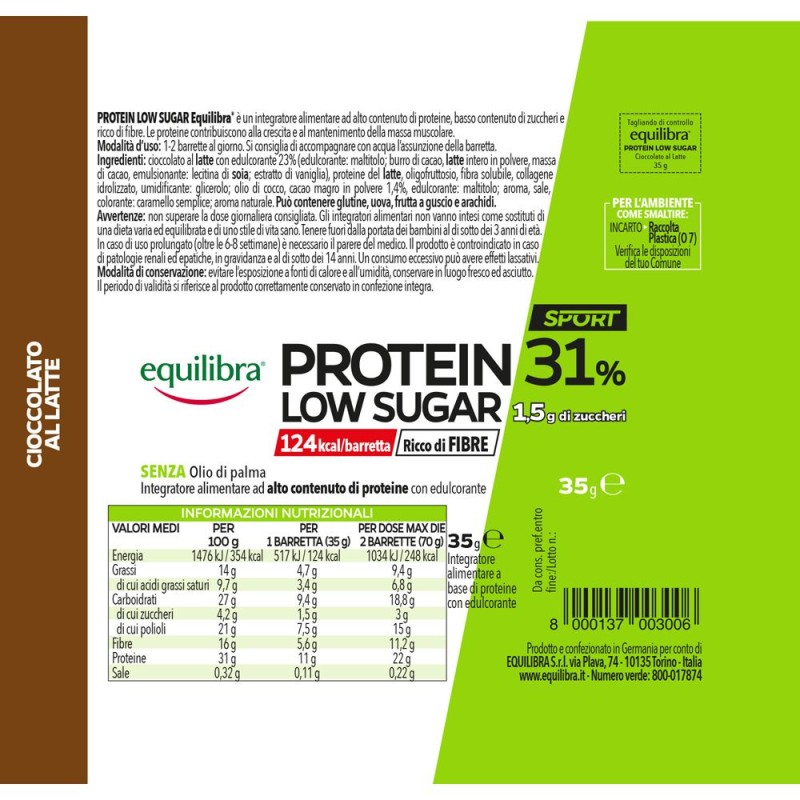 Vista del prodotto Equilibra Protein 31% Low Sugar Barretta Proteica Gusto Cioccolato Al Latte 35g 1 Pezzo Vista del prodotto Equilibra Protein 31% Low Sugar Barretta Proteica Gusto Cioccolato Al Latte 35g 1 Pezzo