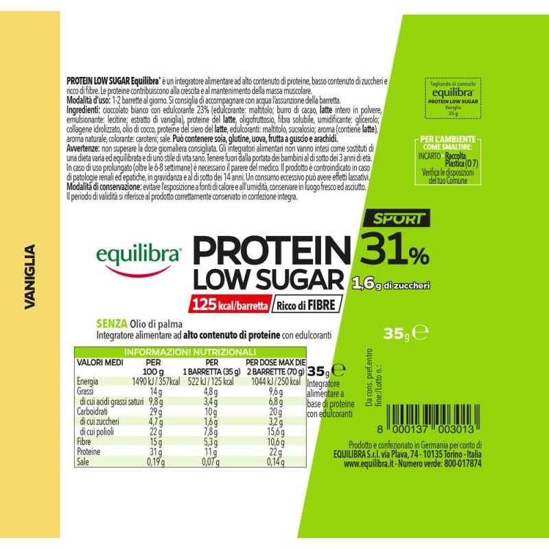 Aspetto del prodotto Equilibra Protein 31% Low Sugar Barretta Proteica Gusto Vaniglia 35g 1 Pezzo