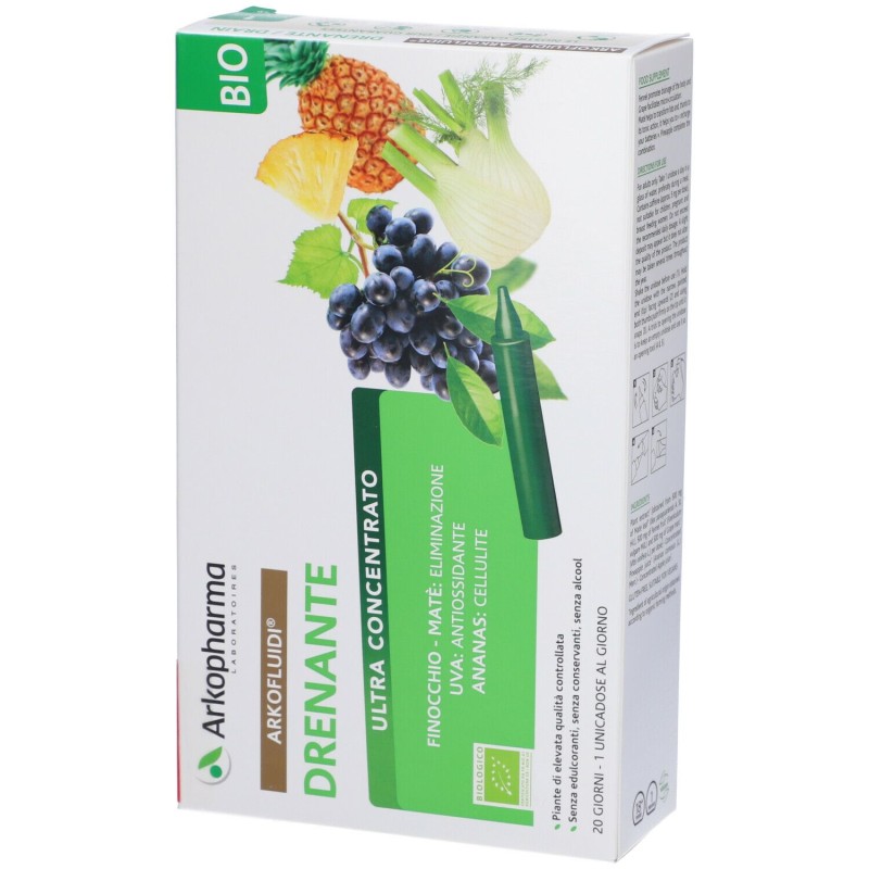 Packaging del prodotto Arkofluidi Ultra Suoni Drenante Bio per Eliminazione Liquidi 20 Flaconcini Packaging del prodotto Arkofluidi Ultra Suoni Drenante Bio per Eliminazione Liquidi 20 Flaconcini