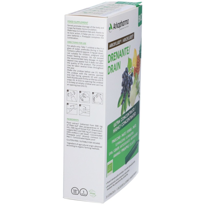 Packaging integro del prodotto Arkofluidi Ultra Suoni Drenante Bio per Eliminazione Liquidi 20 Flaconcini Packaging integro del prodotto Arkofluidi Ultra Suoni Drenante Bio per Eliminazione Liquidi 20 Flaconcini