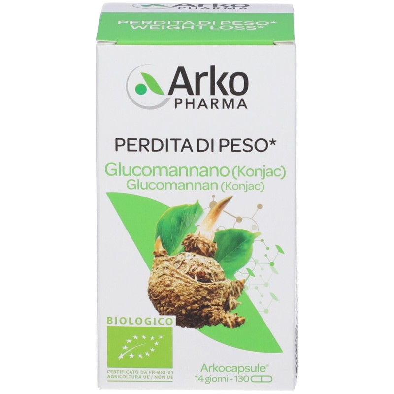Confezione commerciale diArkocapsule Glucomannano Integratore per Controllo della Fame 130 Capsule