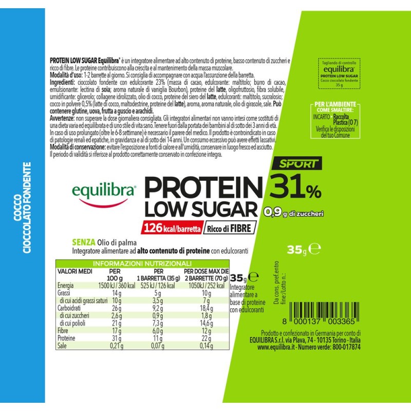Presentazione grafica di Equilibra Protein 31% Low Sugar Barretta Proteica Choco Brownie 35g 1 Pezzo