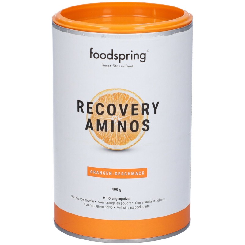 Primo piano di Foodspring Recovery Aminos Integratore Post Workout Gusto Arancia 400g Primo piano di Foodspring Recovery Aminos Integratore Post Workout Gusto Arancia 400g