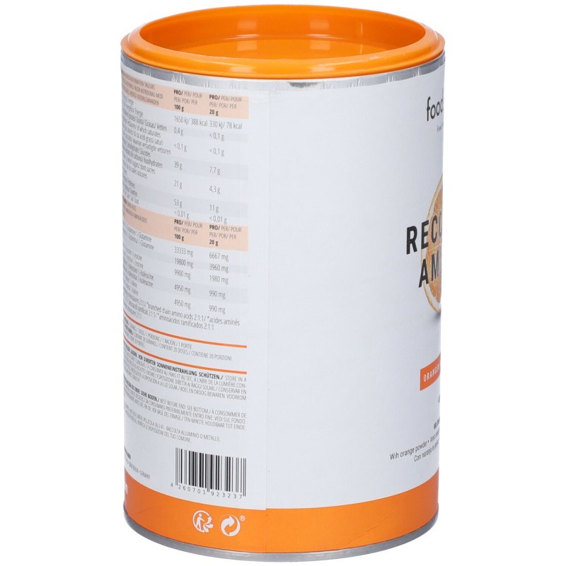 Vista del prodotto Foodspring Recovery Aminos Integratore Post Workout Gusto Arancia 400g Vista del prodotto Foodspring Recovery Aminos Integratore Post Workout Gusto Arancia 400g