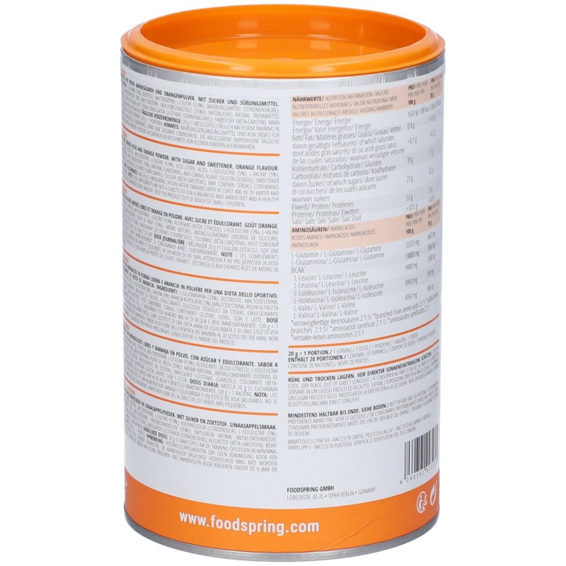 Presentazione grafica di Foodspring Recovery Aminos Integratore Post Workout Gusto Arancia 400g Presentazione grafica di Foodspring Recovery Aminos Integratore Post Workout Gusto Arancia 400g