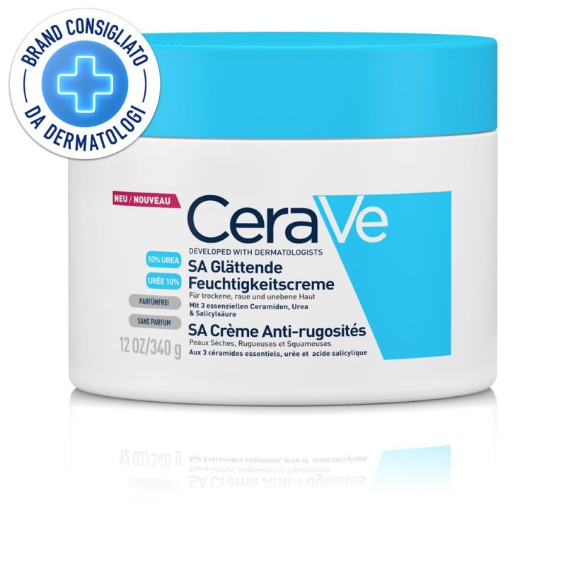 Presentazione grafica di CeraVe SA Crema Levigante 10% Urea Pelli Molto Secche, Ruvide e Screpolate Flacone 340g Presentazione grafica di CeraVe SA Crema Levigante 10% Urea Pelli Molto Secche, Ruvide e Screpolate Flacone 340g